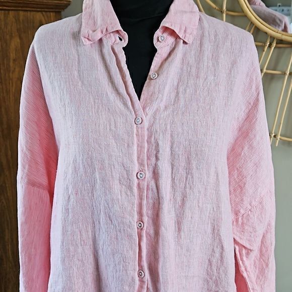 Chico's Striped Linen 3/4 Sleeve‎ Button Down with Button Up Cuffs Sz 2 - Picture 1 of 16